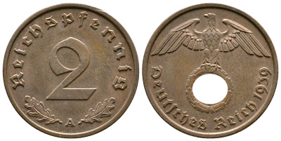 Германия 2 рейхспфеннига 1939 A KM 90, J. 362 бронза 220-562