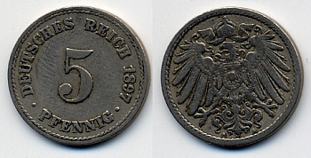 ГЕРМАНИЯ 5 ПФЕННИГОВ 1897 A, KM 11, J. 12 медно-никель 51-5264