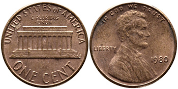 США 1 цент 1980 Авраам Линкольн KM 201 медь цинк 4178-148