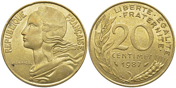 ФРАНЦИЯ 20 САНТИМОВ 1987 ТИП MARIANNE KM 930, LE FRANC 156.27 медь алюминий никель 175-855