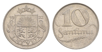 Латвия 10 сантимов 1922 год-тип KM 4 никель 4658-1229