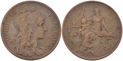 ФРАНЦИЯ 5 САНТИМОВ 1899 ТИП ДАНИЭЛЬ ДЮПЮИ KM 842, LE FRANC 119.7 бронза 28-615