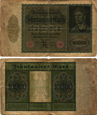 ГЕРМАНИЯ 10000 МАРОК 1922 19 ЯНВАРЯ 1922, АЛЬБРЕХТ ДЮРЕР, БУКВА K Pick 70 бумага 8610-32-1