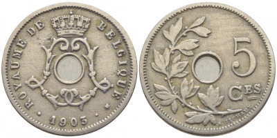 БЕЛЬГИЯ 5 САНТИМОВ 1903 BELGIQUE KM 46 медно-никель 105-1036