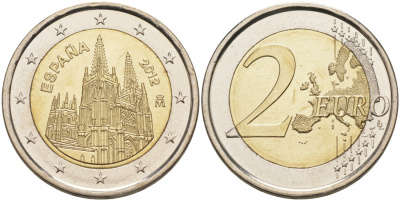 ИСПАНИЯ 2 ЕВРО 2012 ЮНЕСКО - КАФЕДРАЛЬНЫЙ СОБОР В ГОРОДЕ БУРГОС KM 1254 биметалл UNC M10-6