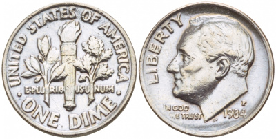 США 10 ЦЕНТОВ = 1 ДАЙМ 1984 P, РУЗВЕЛЬТ KM 195а медь плакированная медно-никелем 4547-948