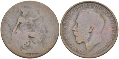 Великобритания 1/2 пенни 1914 Георг V (1910-1936) KM 809, Spink 4056 бронза 212-956