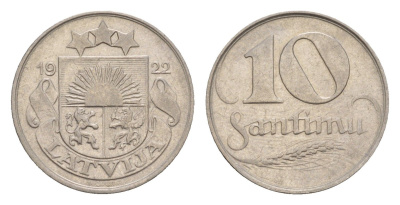 Латвия 10 сантимов 1922 год-тип KM 4 никель 4658-1229