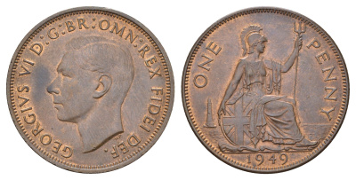 Великобритания 1 пенни 1949 Георг VI (1936-1952), редкий год KM 869, Spink 4117 бронза aUNC 1527-1412