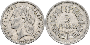 Франция 5 франков 1945 KM 888b.1, Le Franc 339.3 алюминий 221-414