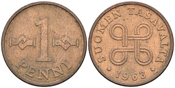 Финляндия 1 пенни 1963 первый год KM 44 медь 4152-544