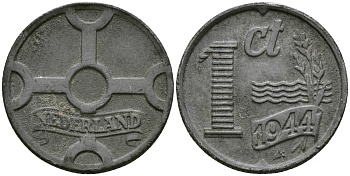 НИДЕРЛАНДЫ 1 ЦЕНТ 1944 ВИЛЬГЕЛЬМИНА (1890-1948) KM 170 цинк 176-719