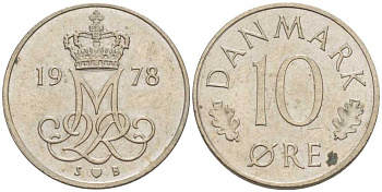 ДАНИЯ 10 ЭРЕ 1978 S; B, МАРГРЕТЕ II (1972-) KM 860.1 медно-никель 4387-1223