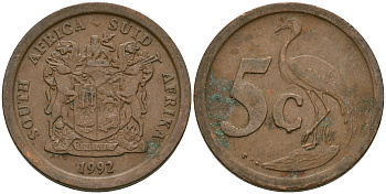ЮАР 5 центов 1992 герб, голубой журавль KM 134 сталь плакированная медью 08-1349