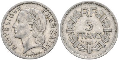 Франция 5 франков 1945 KM 888b.1, Le Franc 339.3 алюминий 221-414