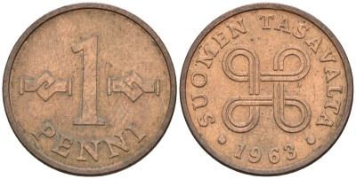 Финляндия 1 пенни 1963 первый год KM 44 медь 4152-544