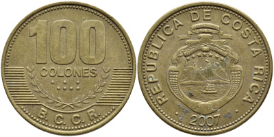 КОСТА-РИКА 100 КОЛОН 2007 B.C.C.R. KM 240а сталь плакированная латунью 59-414