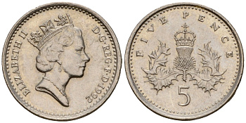 Великобритания 5 пенсов 1992 Елизавета II (1952-2022) KM 937b, Spink 4372 (D4) медно-никель 4602-114