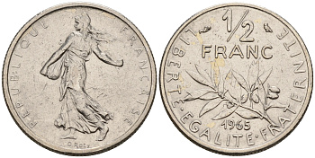 Франция 1/2 франка 1965 сеятель KM 931, Le Franc 198.3 никель    4152-1236