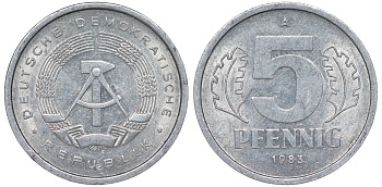 ГДР 5 ПФЕННИГОВ 1983 A КМ 9.2 алюминий 62-452