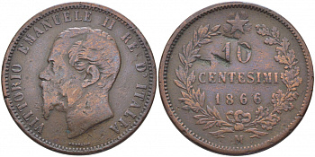 ИТАЛИЯ 10 ЧЕНТЕЗИМО 1866 М, ВИКТОР ЭММАНУИЛ II (1861-1878) KM 11.1 медь 114-613