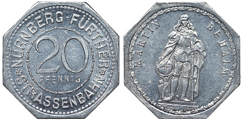 Германия, Нюрнберг - Фюрт 20 пфеннигов ND трамвайный жетон, Мартин Бехайм алюминий UNC 4119-717