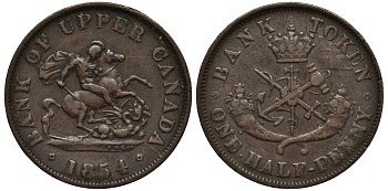 КАНАДА 1/2 ПЕННИ 1854 UPPER CANADA, БАНКОВСКИЙ ТОКЕН, CLOSSLET 4 KM Tn 2 медь 1524-1112