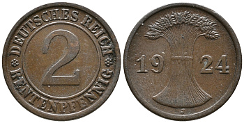 ГЕРМАНИЯ 2 РЕНТЕНПФЕННИГА 1924 J KM 31, J. 307 бронза 24-557