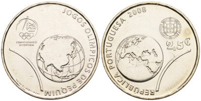 Португалия 2 1/2 евро 2008 XXIX Летние Олимпийские игры 2008 года в Пекине, земной шар KM 790 медно-никель UNC 1096-3-15