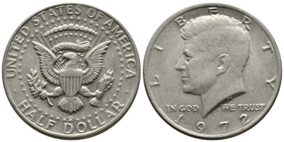 США 1/2 доллара (50 центов) 1972 Джон Кеннеди KM 202b медь плакированная медно-никелем 35-212