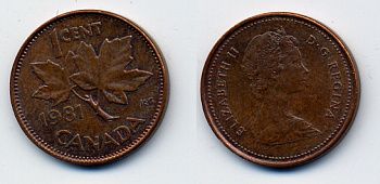 Канада 1 цент 1981 Елизавета II (1952-2022), кленовый лист KM 127 бронза 54-2443