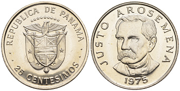 Панама 25 сентесимо 1975 Хусто Аросемена KM 37.1 медь плакированная медно-никелем  UNC  M34-15