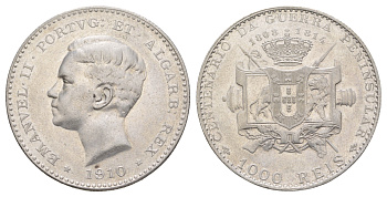 Португалия 1000 реалов (рейсов) 1910 100 лет Пиренейской войне KM 558 серебро 00-822-71