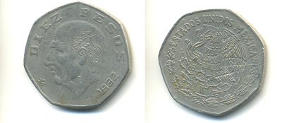 МЕКСИКА 10 ПЕСО 1982 МАНУЭЛЬ ХИДАЛЬГО КАСТИЛЬЯ KM 477.2 медно-никель 86-1545