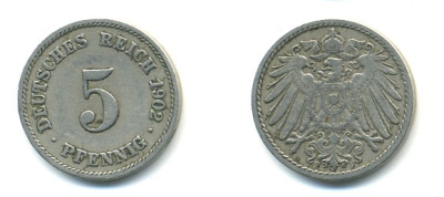 ГЕРМАНИЯ 5 ПФЕННИГОВ 1902 F, KM 11, J. 12 медно-никель 4379-518