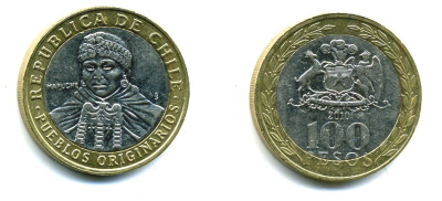 Чили 100 песо 2010 индейцы Мапуче KM 236 биметалл 41-546
