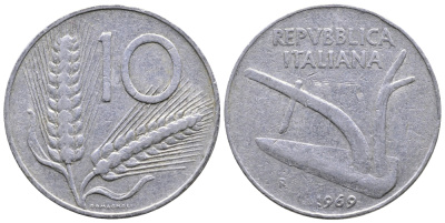 ИТАЛИЯ 10 ЛИР 1969 R, КОЛОСЬЯ, ПЛУГ KM 93 алюминий 51-3427