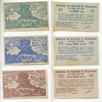 Австрия набор из 3 банкнот 1920 нотгельд, 10, 20, 50 геллеров, ST. MAGDALENA bei LINZ   бумага  XF 7555-2-2-2