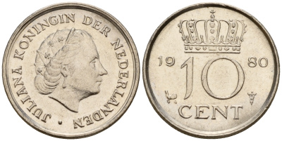 Нидерланды 10 центов 1980 Юлиана (1949-1980) KM 182 никель    4598-343