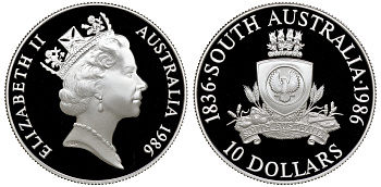 Австралия 10 долларов 1986 150 лет штату Южная Австралия, в оригинальной коробке, с сертификатом KM 88 серебро PROOF 4-3-4-36