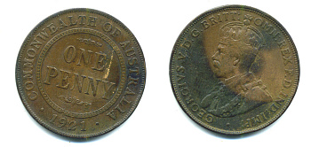 АВСТРАЛИЯ 1 ПЕННИ 1921 ГЕОРГ V KM 23 бронза 57-743