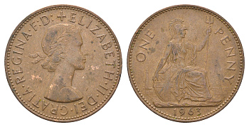 Великобритания 1 пенни 1963 Елизавета II (1952-2022) KM 897, Spink 4157 бронза 4661-916