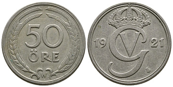 Швеция 50 эре 1921 W Густав V (1907-1950) KM 796 медно-никель 76-744