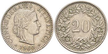 Швейцария 20 раппенов 1960 В KM 29а медно-никель 190-452