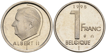 Бельгия 1 франк 1995 Belgique KM 187 железо плакированное никелем UNC 192-513