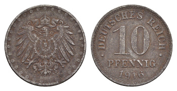 Германия 10 пфеннигов 1916 A, Вильгельм II (1888-1918) KM 20, J. 298 железо 4640-338