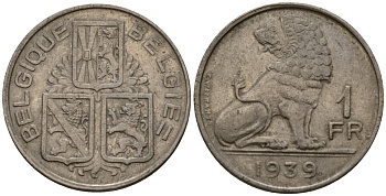 Бельгия 1 франк 1939 Belgique - Belgie KM 119 никель 4603-1226