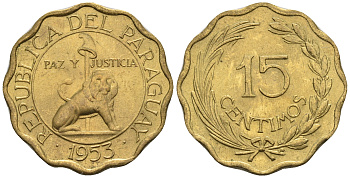 Парагвай 15 сентимо 1953 лев, фригийский колпак на шесте KM 26 алюминиевая бронза  aUNC  4177-556