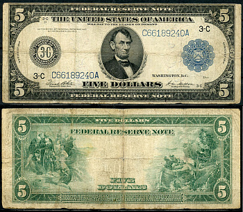 США 5 долларов 1914 Филадельфия (3С), Авраам Линкольн, голубая серия, подпись White, Mellon Pick 359bC(4)  бумага   00-00