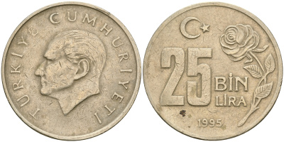 Турция 25000 лир 1995 Мустафа Кемаль Ататюрк KM 1041 медь никель цинк 4364-1845